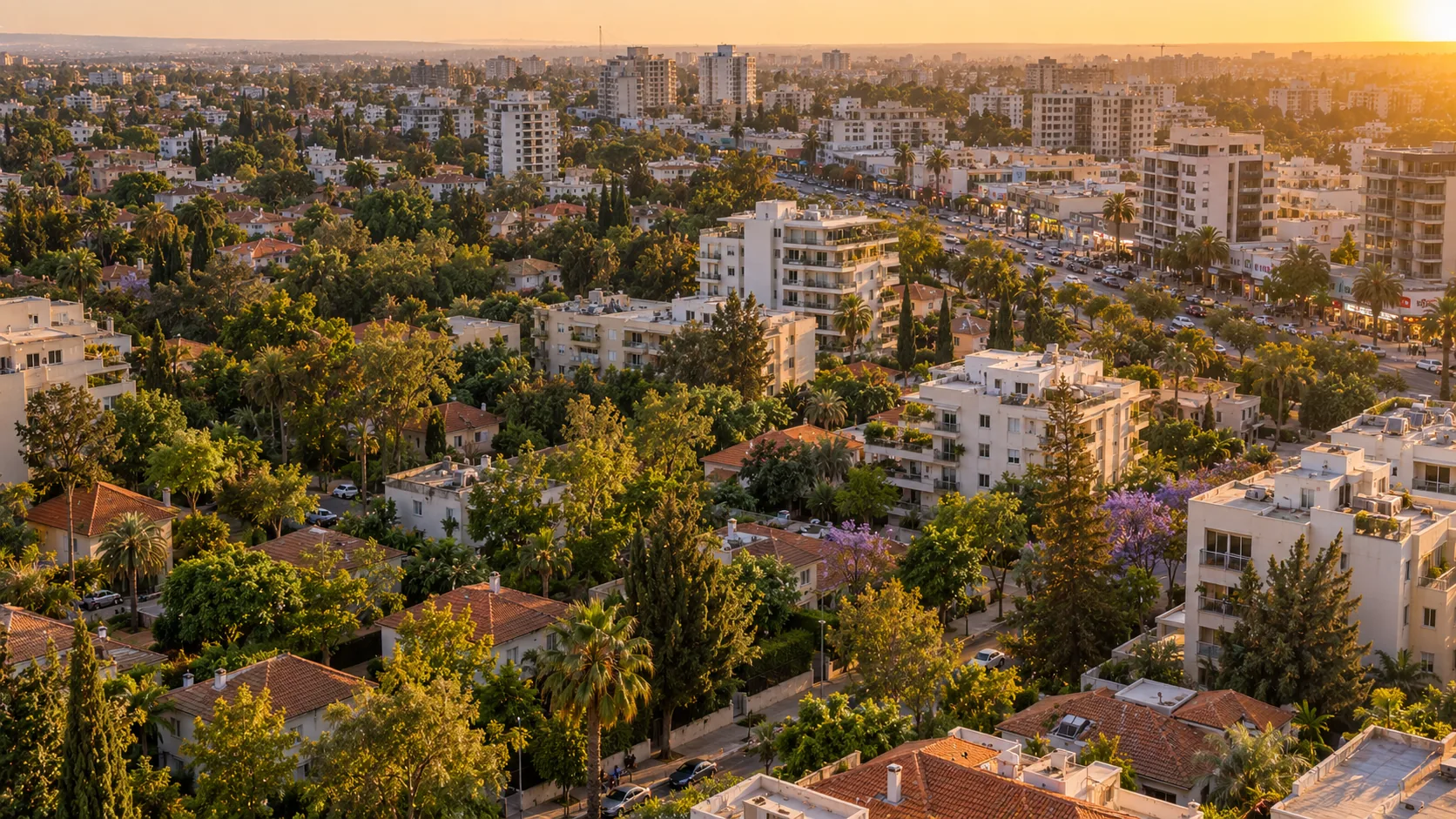 Agencia inmobiliaria en Center South: vista aérea del barrio, sus tejados y sus árboles al sur de la calle Ajuza (ilustración)