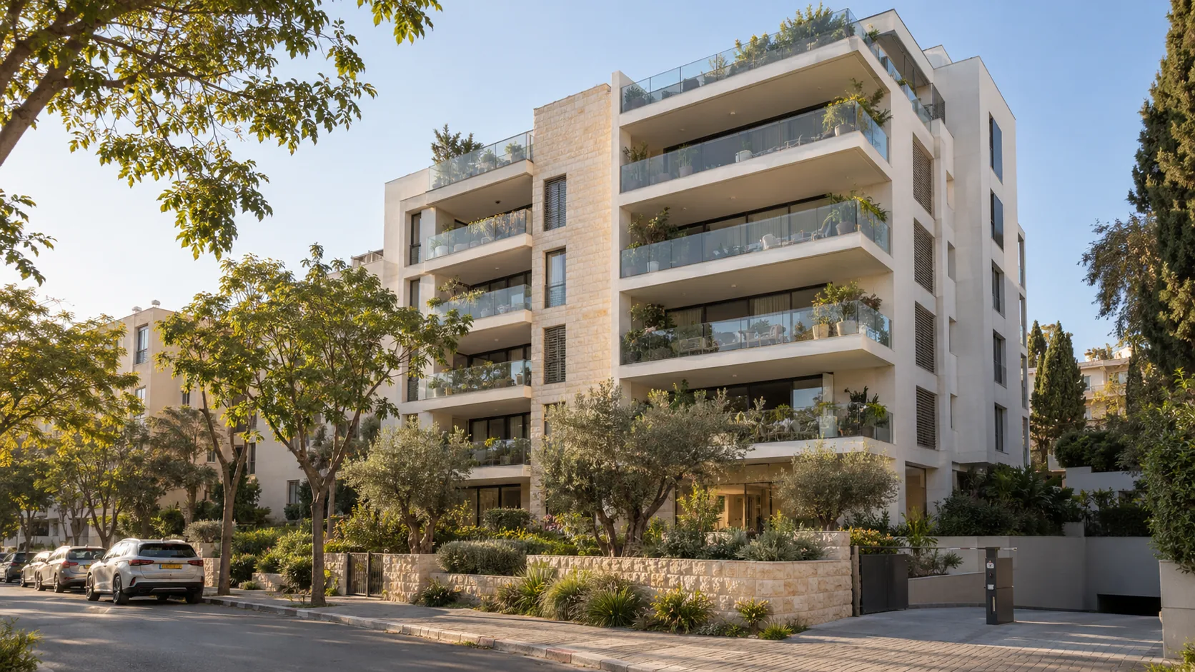 Un edificio residencial nuevo en Center South, con balcones y fachada de piedra clara (ilustración)