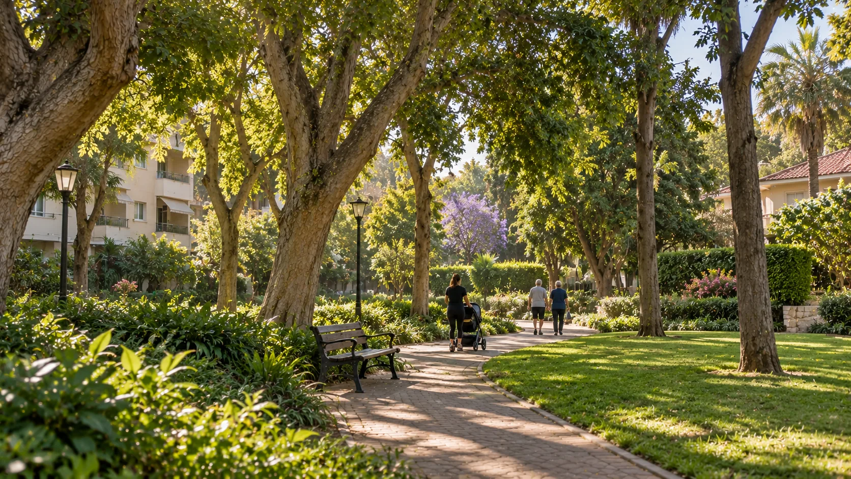 Un sendero en un jardín del barrio en Center South, entre árboles maduros y césped (ilustración)
