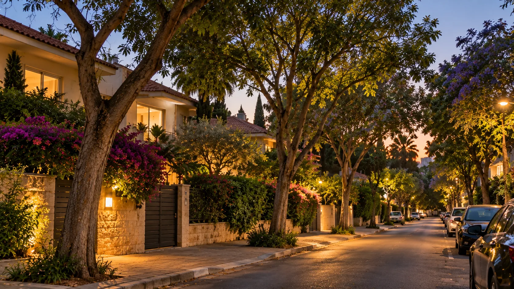 Una calle tranquila de Center South al anochecer, con casas particulares y árboles (ilustración)