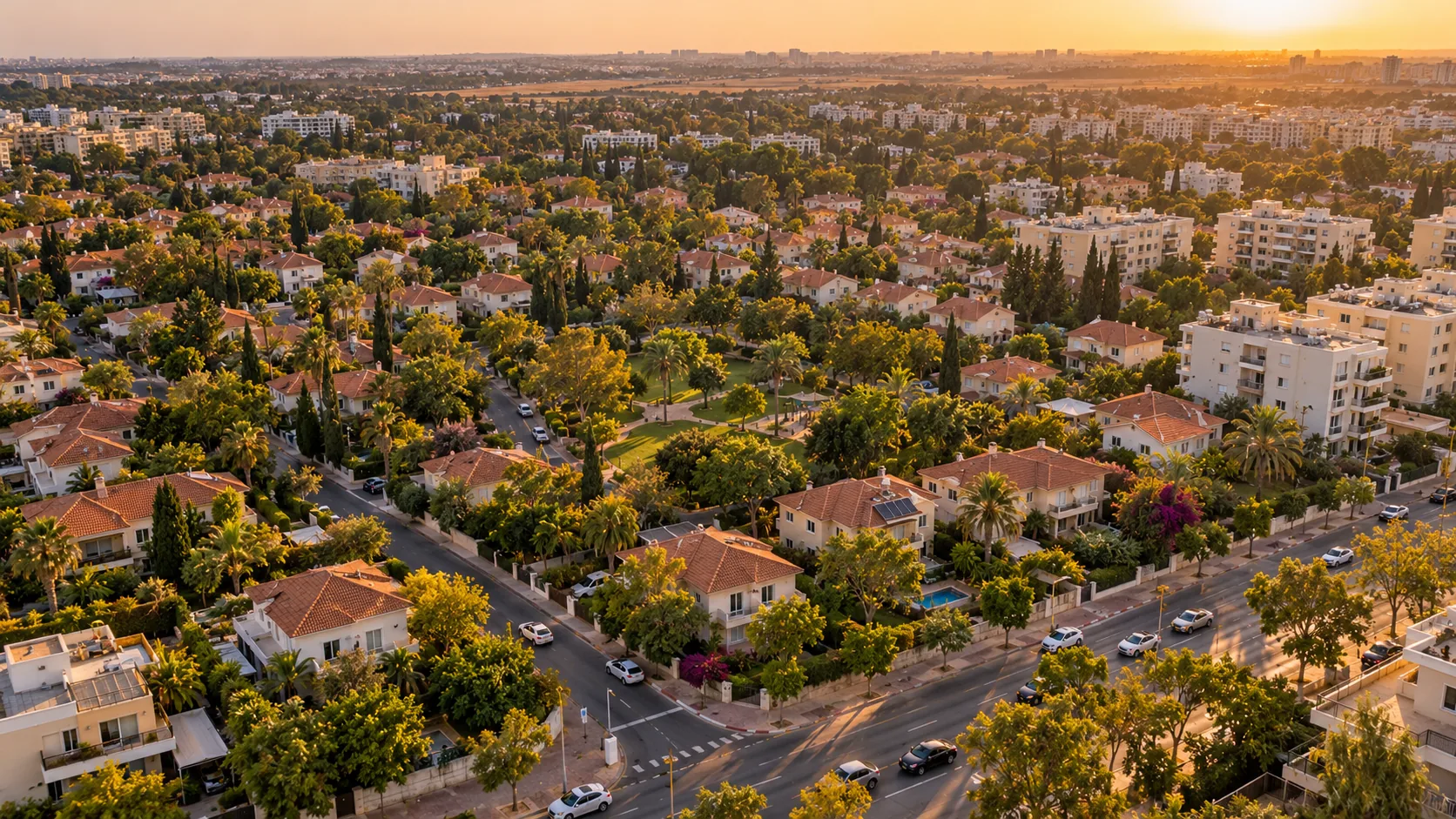 Agence immobilière à Shikun Asher : vue aérienne des maisons, des jardins et de la rue Ahuza (illustration)