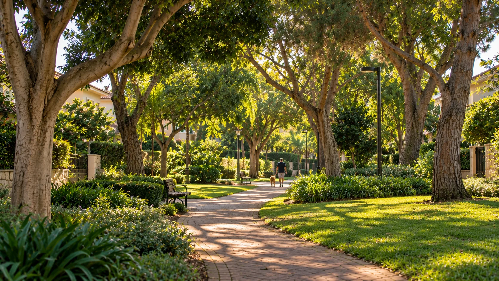 Une allée ombragée dans un jardin de quartier à Shikun Asher, entre arbres et pelouses (illustration)