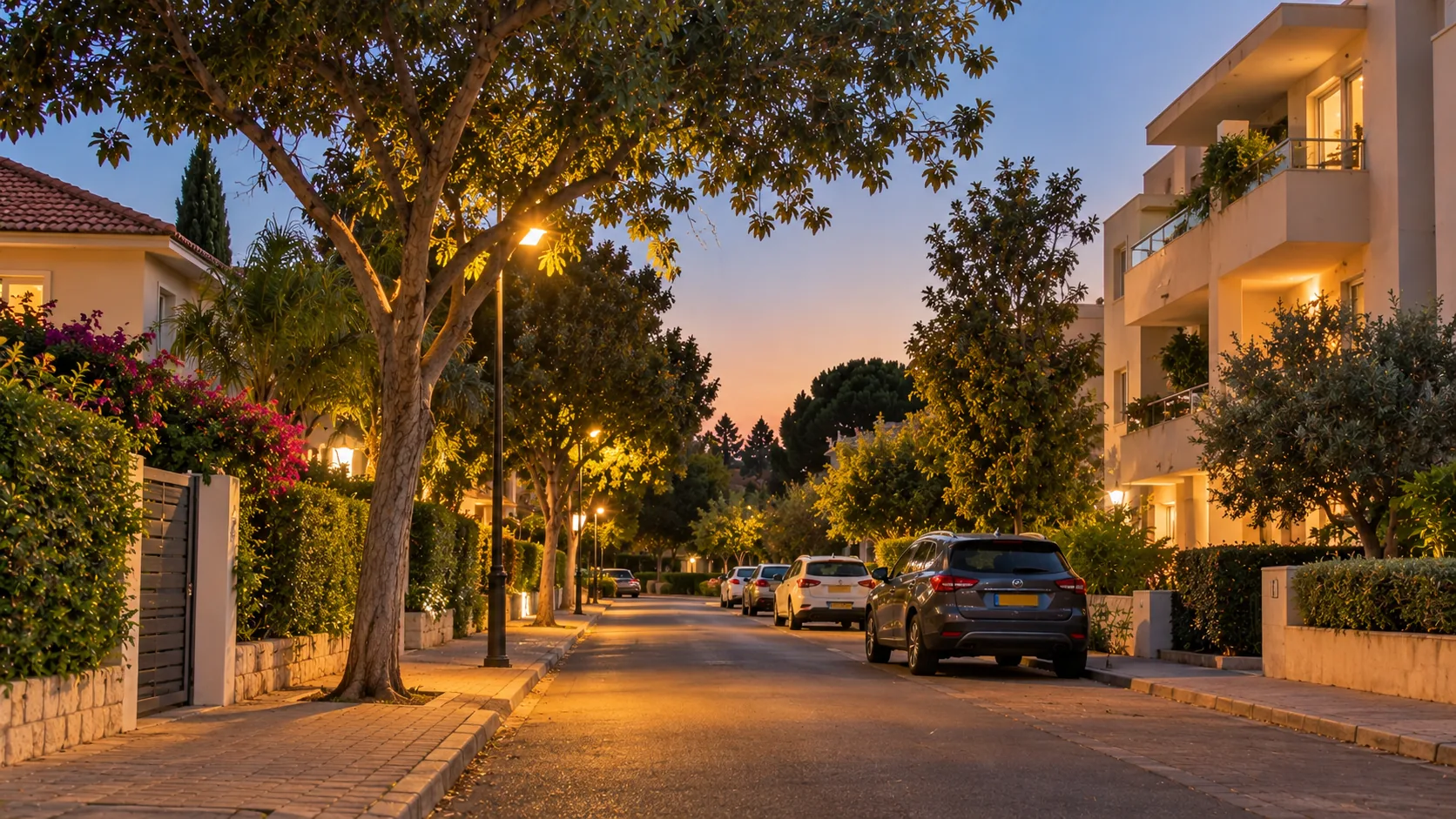 Une rue calme de Shikun Asher en soirée, maisons et petit immeuble bas (illustration)