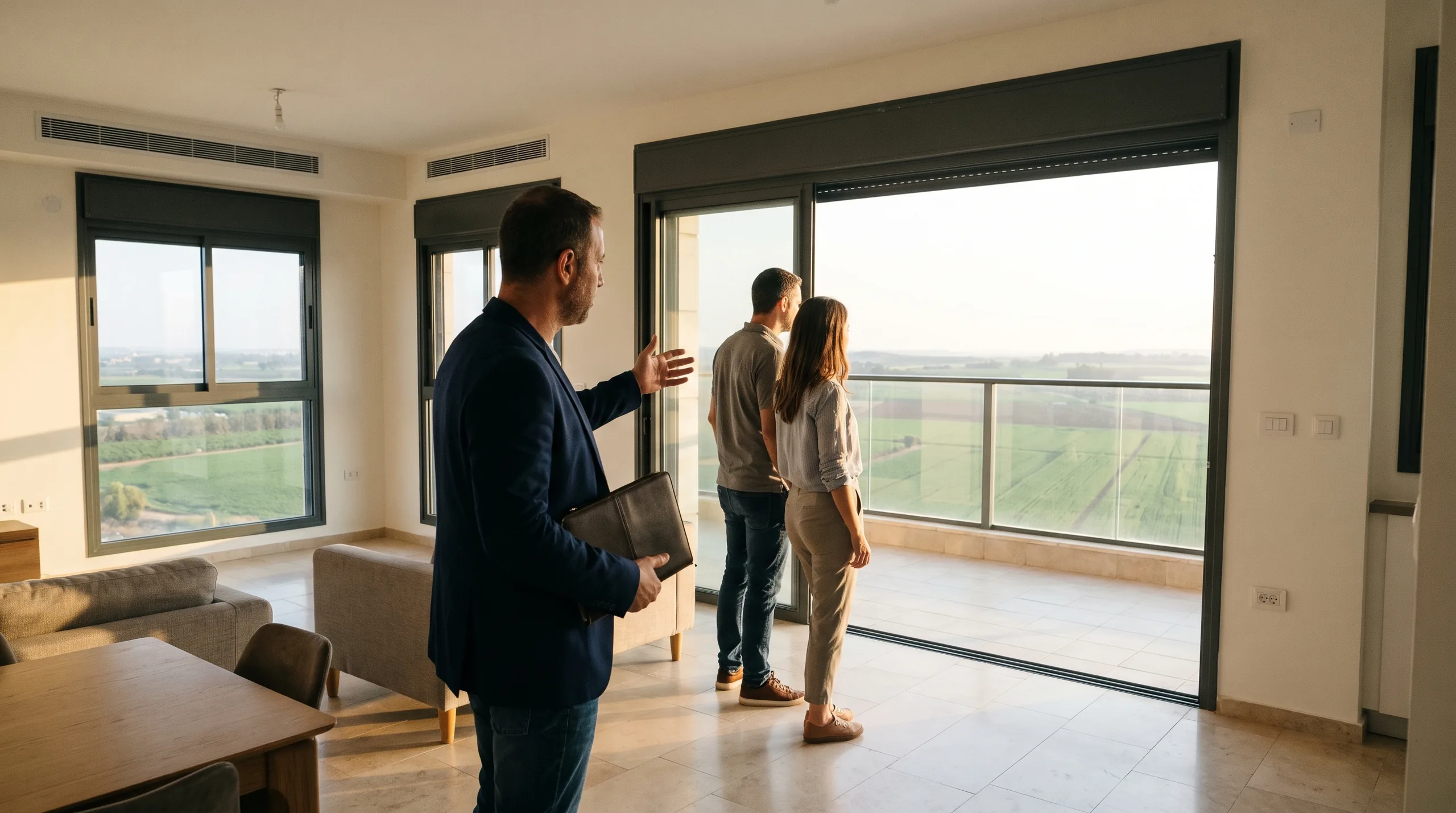 Un asesor de RS Nadlan acompaña a una pareja en un apartamento en una torre de Tzameret (ilustración)