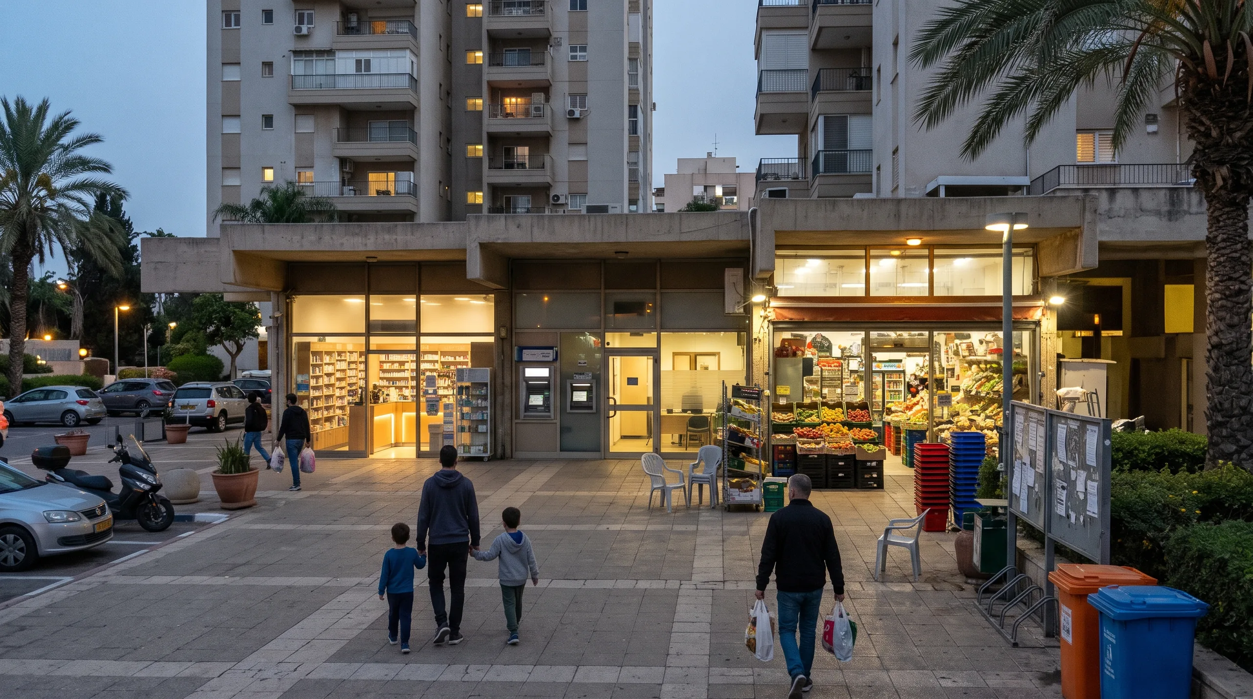 El centro comercial de Tzameret al anochecer (ilustración)